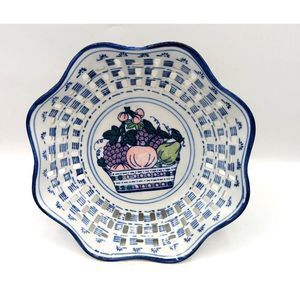 Amsel Hamburg Vintage Blue & White Pottery Pierced Basket Bowl Candy Fruit Dish